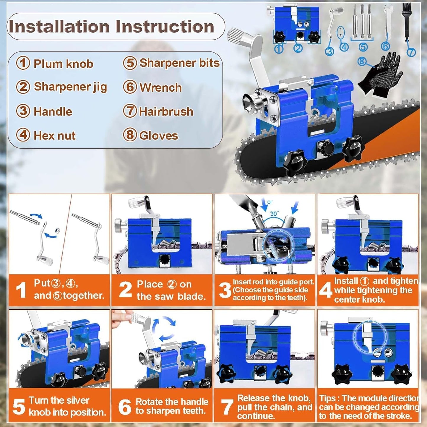 Chainsaw Sharpener with 5 High Hardness Titanium Plated Diamond Bits, Universal Manual Portable Chainsaw Chain Sharpening Jig Kit Sharpener Tool for 4-22 Inch Chainsaws, Lumberjack, Gardener