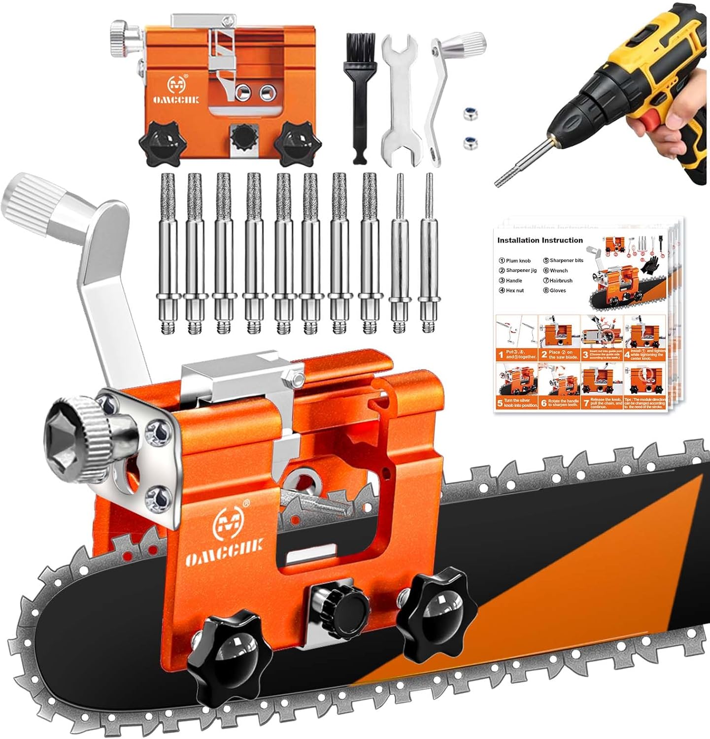 Chainsaw Sharpener with 5 High Hardness Titanium Plated Diamond Bits, Universal Manual Portable Chainsaw Chain Sharpening Jig Kit Sharpener Tool for 4-22 Inch Chainsaws, Lumberjack, Gardener