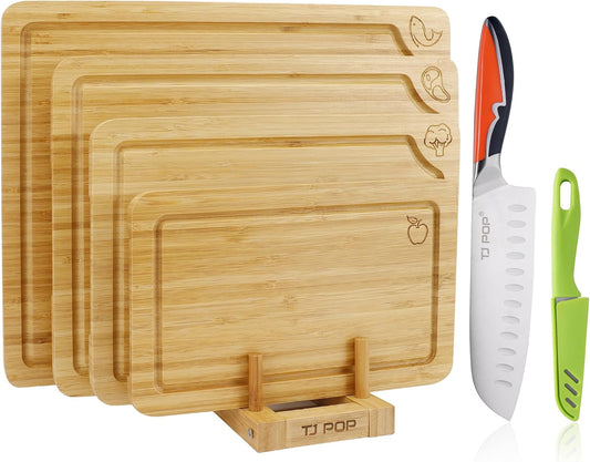 4-Piece Labeled Bamboo Cutting Board Set with Stainless Steel Santoku Knife, Kitchen Prep Bundle for Meat, Vegetables & Fruits