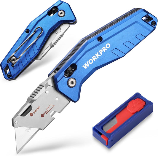 Premium Axis Lock Utility Knife Folding, Heavy Duty Metal Box Cutter with Quick Open Lock, Quick Change Blade Razor Knife, Foldable Pocket Knife with Belt Clip