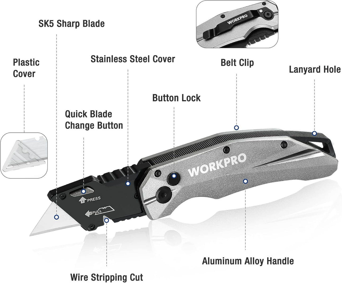Premium Axis Lock Utility Knife Folding, Heavy Duty Metal Box Cutter with Quick Open Lock, Quick Change Blade Razor Knife, Foldable Pocket Knife with Belt Clip