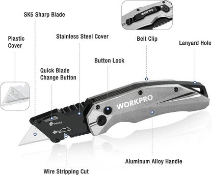 Premium Axis Lock Utility Knife Folding, Heavy Duty Metal Box Cutter with Quick Open Lock, Quick Change Blade Razor Knife, Foldable Pocket Knife with Belt Clip