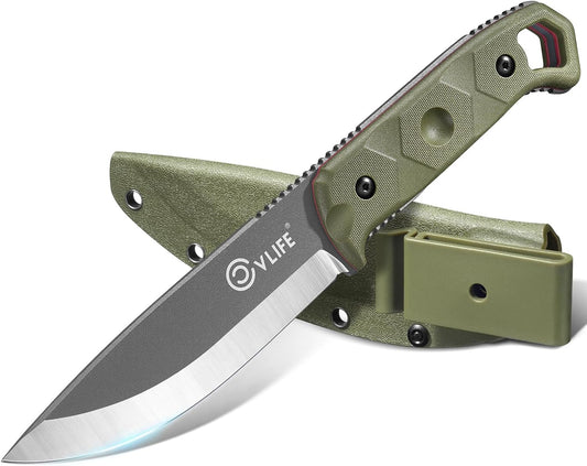 Fixed Blade Knife with Sheath, 5.2" D2 Steel Full Tang Survival Bushcraft Knife, Scandi Grind, 5-Layer Handle with G10 Liners, Heavy Duty Hunting Camping Knives for Men, Green