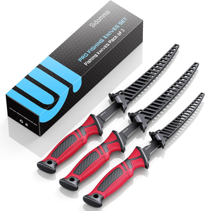 Fillet Knife and Bait Knife Set Performance 5"-6"-7" G4116 German Flex Razor Sharp Stainless-Steel Blade with Sheath for Filleting and Boning, Pro Fishing Gear and Equipment Tools, Cool Fishing Gift for Men (Black-Blue)