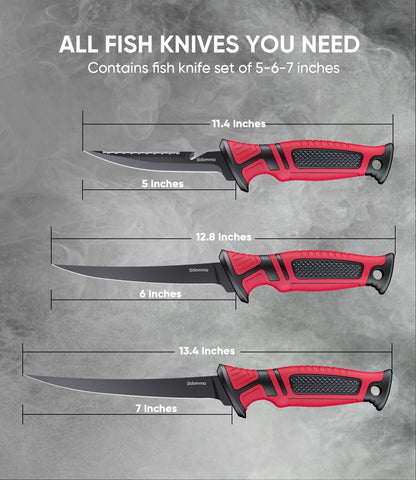 Fillet Knife and Bait Knife Set Performance 5"-6"-7" G4116 German Flex Razor Sharp Stainless-Steel Blade with Sheath for Filleting and Boning, Pro Fishing Gear and Equipment Tools, Cool Fishing Gift for Men (Black-Blue)