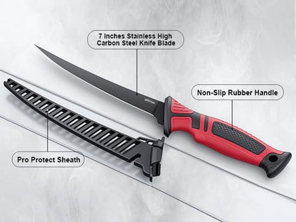 Fillet Knife and Bait Knife Set Performance 5"-6"-7" G4116 German Flex Razor Sharp Stainless-Steel Blade with Sheath for Filleting and Boning, Pro Fishing Gear and Equipment Tools, Cool Fishing Gift for Men (Black-Blue)