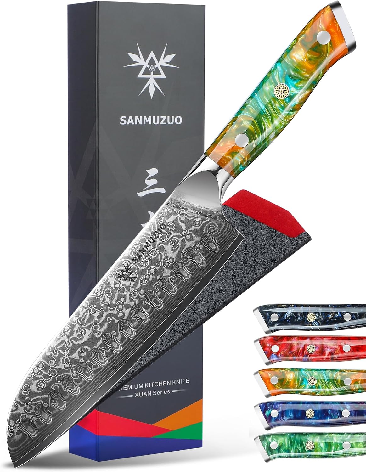 Santoku Knife - 7 inch - Xuan Series - VG10 Damascus Steel Kitchen Knife - Resin Handle (Fantasy Orange)