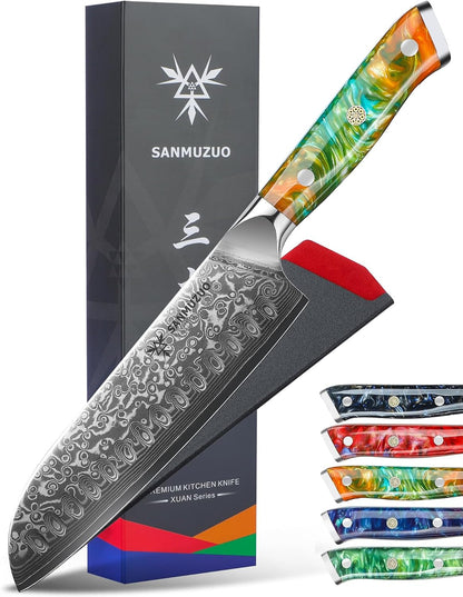 Santoku Knife - 7 inch - Xuan Series - VG10 Damascus Steel Kitchen Knife - Resin Handle (Fantasy Orange)