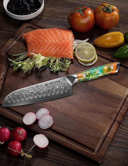 Santoku Knife - 7 inch - Xuan Series - VG10 Damascus Steel Kitchen Knife - Resin Handle (Fantasy Orange)