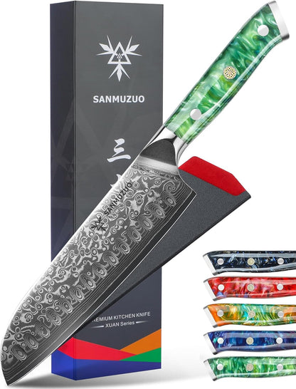Santoku Knife - 7 inch - Xuan Series - VG10 Damascus Steel Kitchen Knife - Resin Handle (Fantasy Orange)