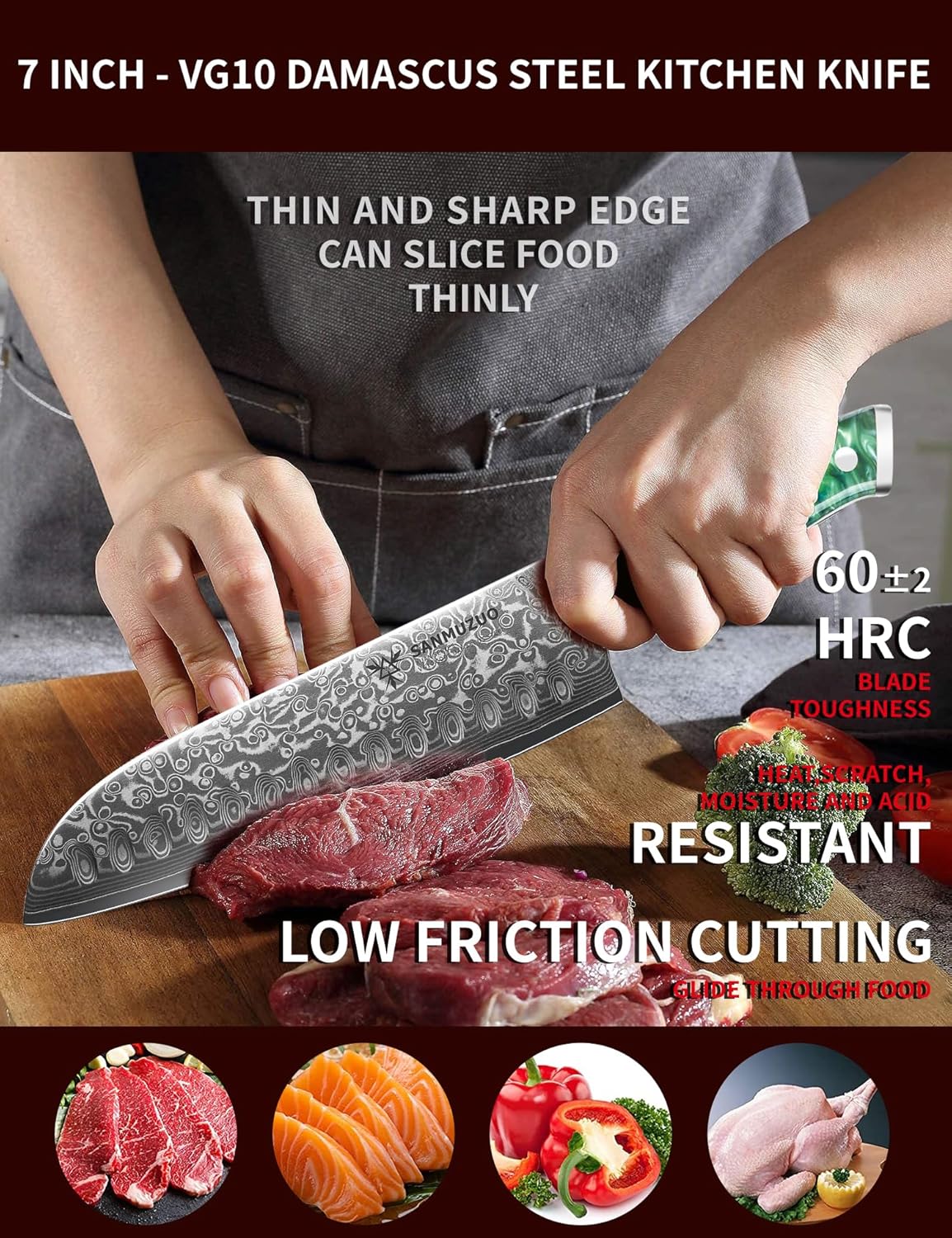 Santoku Knife - 7 inch - Xuan Series - VG10 Damascus Steel Kitchen Knife - Resin Handle (Fantasy Orange)