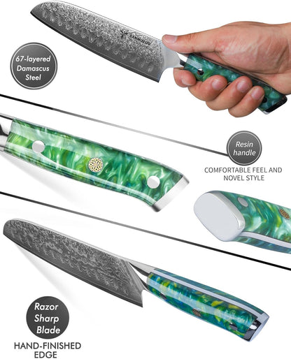 Santoku Knife - 7 inch - Xuan Series - VG10 Damascus Steel Kitchen Knife - Resin Handle (Fantasy Orange)