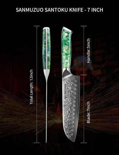 Santoku Knife - 7 inch - Xuan Series - VG10 Damascus Steel Kitchen Knife - Resin Handle (Fantasy Orange)