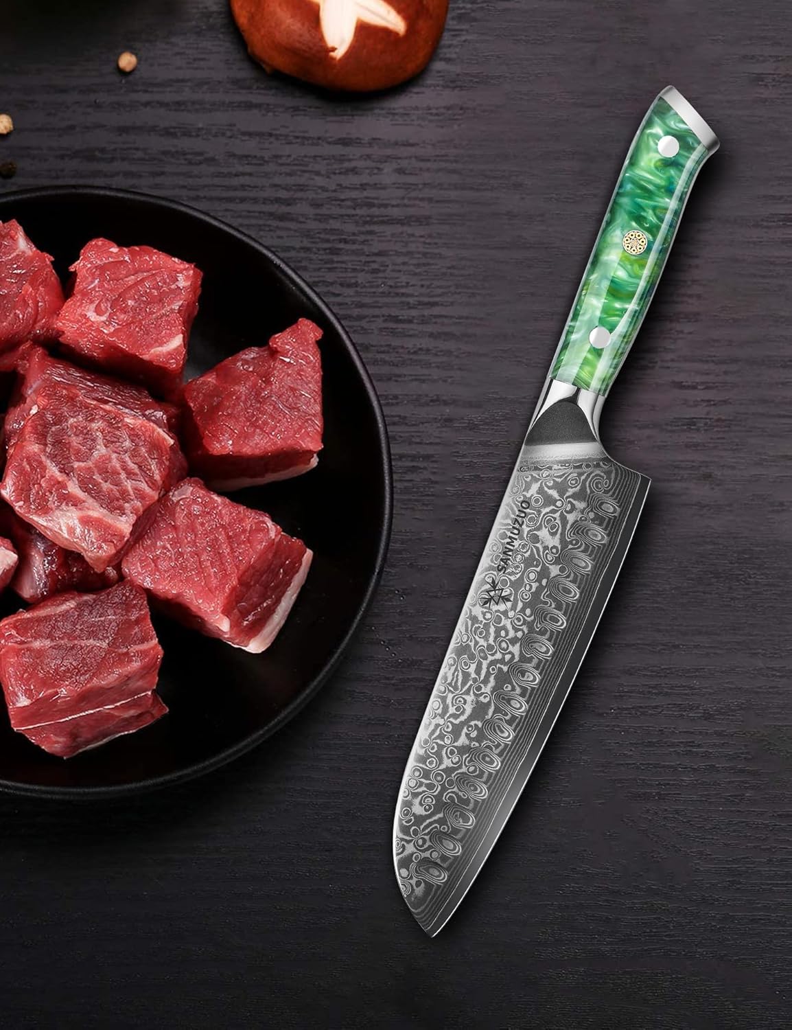 Santoku Knife - 7 inch - Xuan Series - VG10 Damascus Steel Kitchen Knife - Resin Handle (Fantasy Orange)