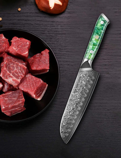Santoku Knife - 7 inch - Xuan Series - VG10 Damascus Steel Kitchen Knife - Resin Handle (Fantasy Orange)