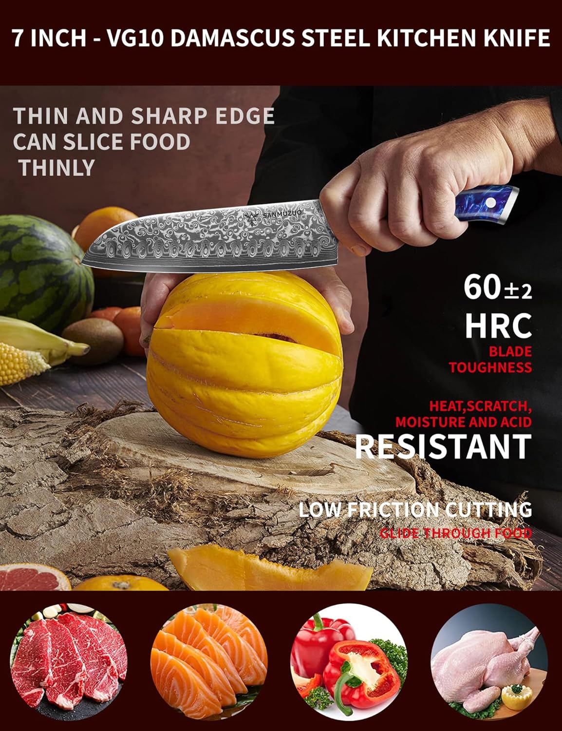 Santoku Knife - 7 inch - Xuan Series - VG10 Damascus Steel Kitchen Knife - Resin Handle (Fantasy Orange)