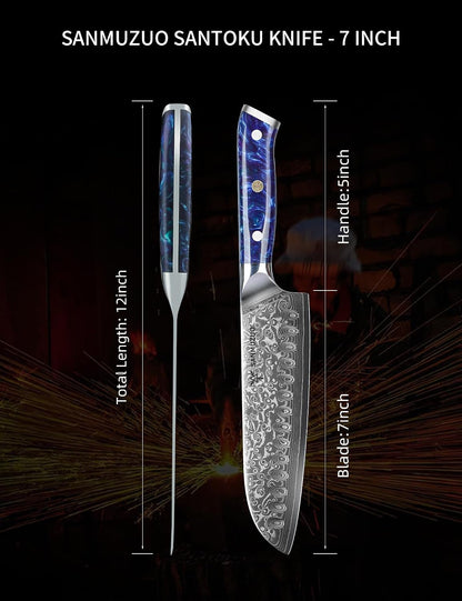 Santoku Knife - 7 inch - Xuan Series - VG10 Damascus Steel Kitchen Knife - Resin Handle (Fantasy Orange)