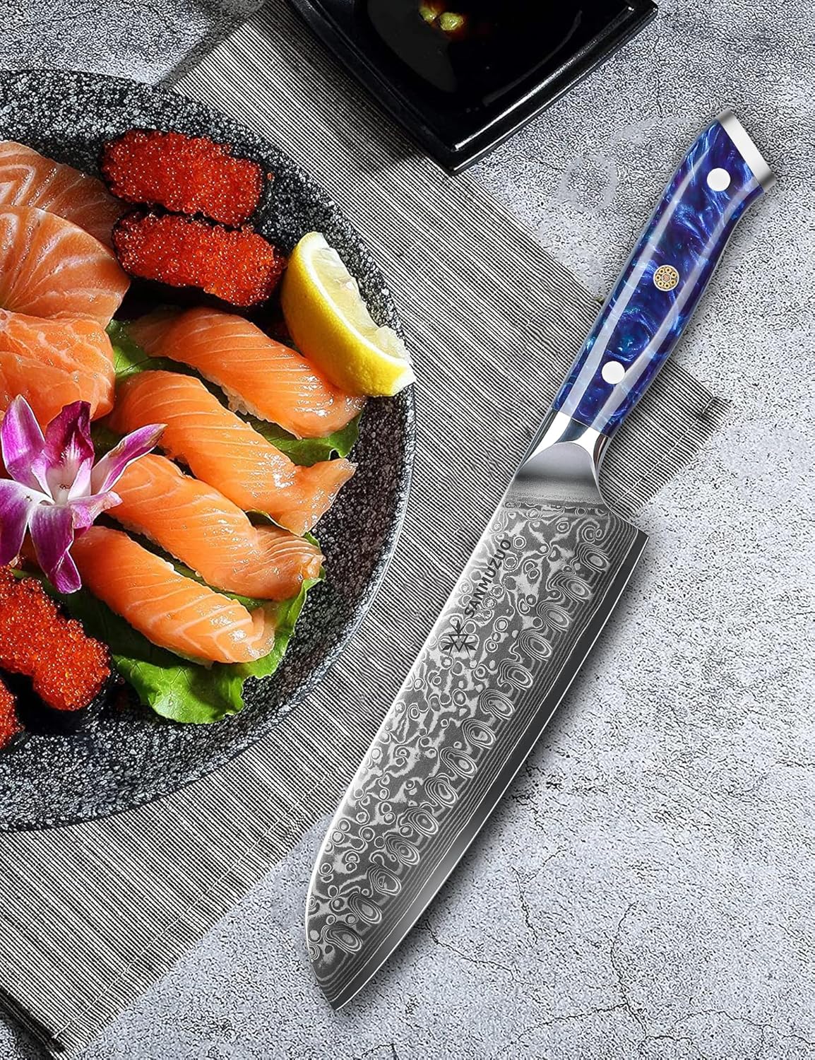 Santoku Knife - 7 inch - Xuan Series - VG10 Damascus Steel Kitchen Knife - Resin Handle (Fantasy Orange)