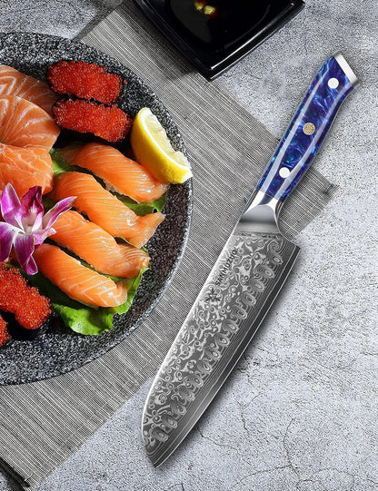 Santoku Knife - 7 inch - Xuan Series - VG10 Damascus Steel Kitchen Knife - Resin Handle (Fantasy Orange)