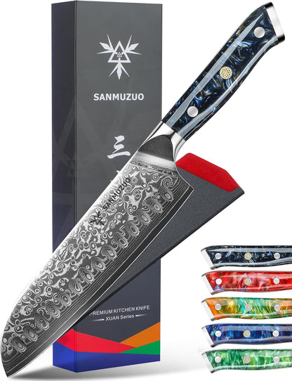 Santoku Knife - 7 inch - Xuan Series - VG10 Damascus Steel Kitchen Knife - Resin Handle (Fantasy Orange)