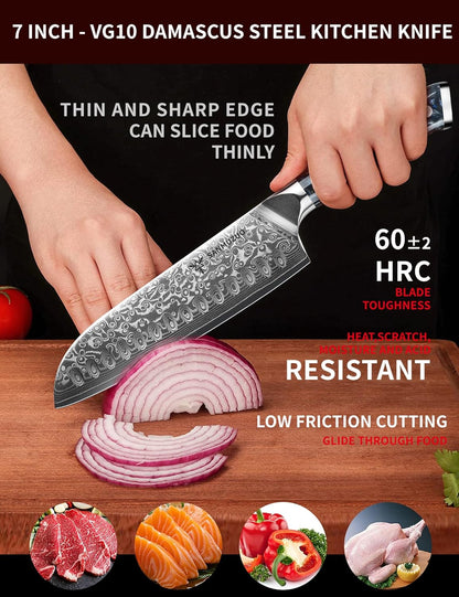 Santoku Knife - 7 inch - Xuan Series - VG10 Damascus Steel Kitchen Knife - Resin Handle (Fantasy Orange)