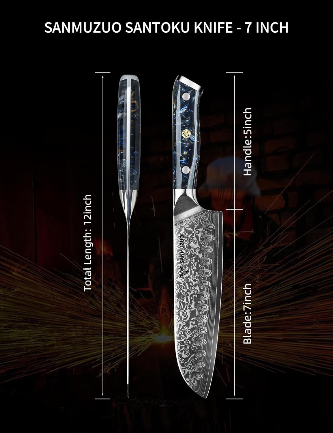 Santoku Knife - 7 inch - Xuan Series - VG10 Damascus Steel Kitchen Knife - Resin Handle (Fantasy Orange)