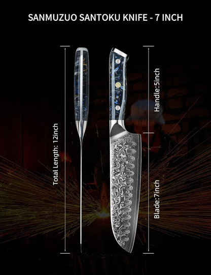 Santoku Knife - 7 inch - Xuan Series - VG10 Damascus Steel Kitchen Knife - Resin Handle (Fantasy Orange)