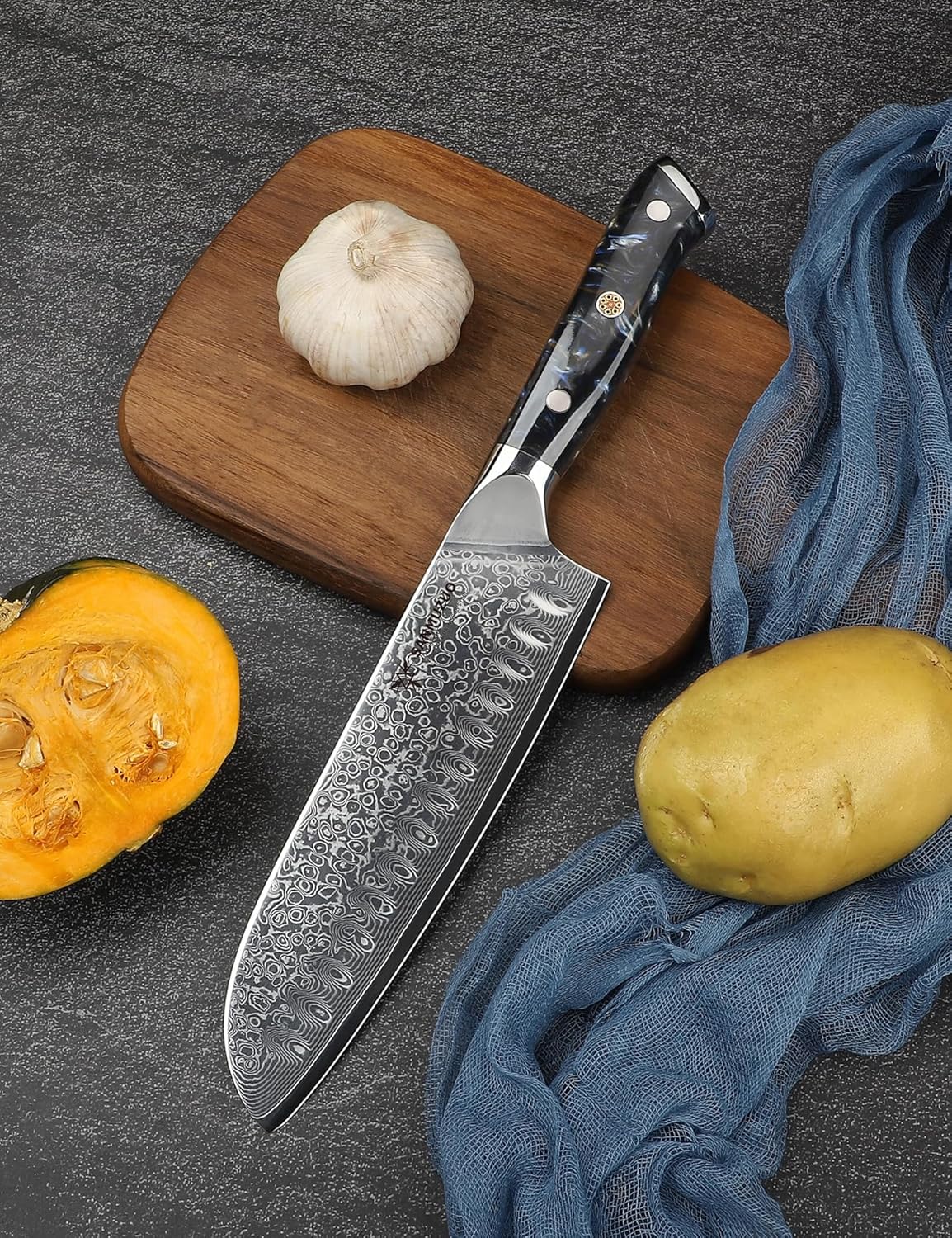 Santoku Knife - 7 inch - Xuan Series - VG10 Damascus Steel Kitchen Knife - Resin Handle (Fantasy Orange)