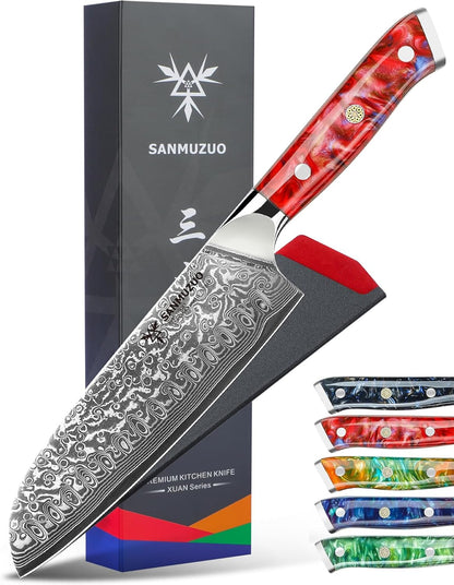 Santoku Knife - 7 inch - Xuan Series - VG10 Damascus Steel Kitchen Knife - Resin Handle (Fantasy Orange)