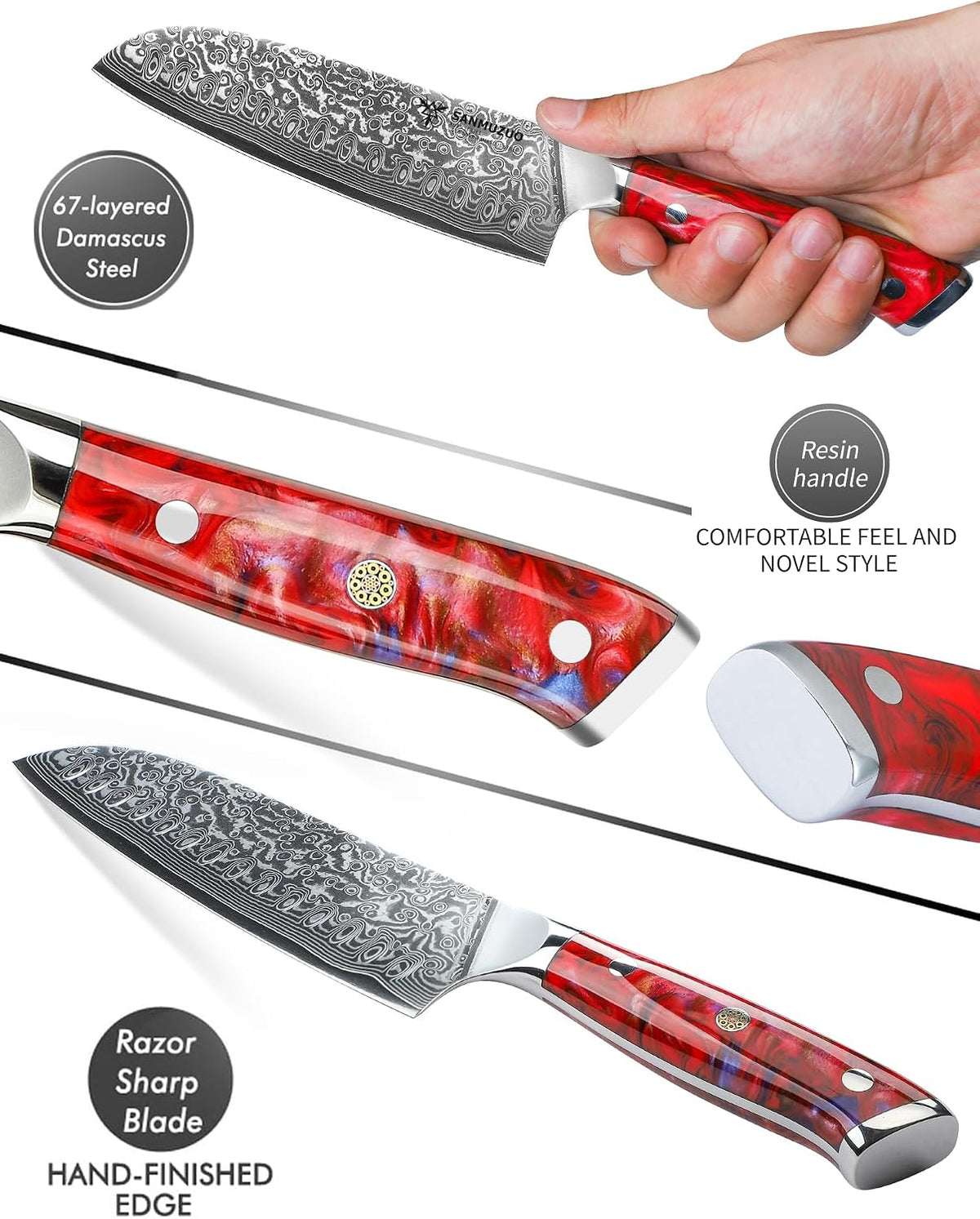 Santoku Knife - 7 inch - Xuan Series - VG10 Damascus Steel Kitchen Knife - Resin Handle (Fantasy Orange)