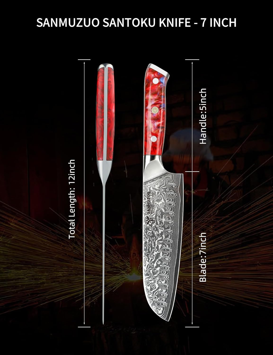 Santoku Knife - 7 inch - Xuan Series - VG10 Damascus Steel Kitchen Knife - Resin Handle (Fantasy Orange)