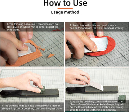 Leather Thinning Knife Skiving Tools 420B Martensitic Stainless Steel Professional Design DIY Craft Cutting Sharp Leathercraft Cutting Round/Flat/Slanted Blade, Right/Left Handed