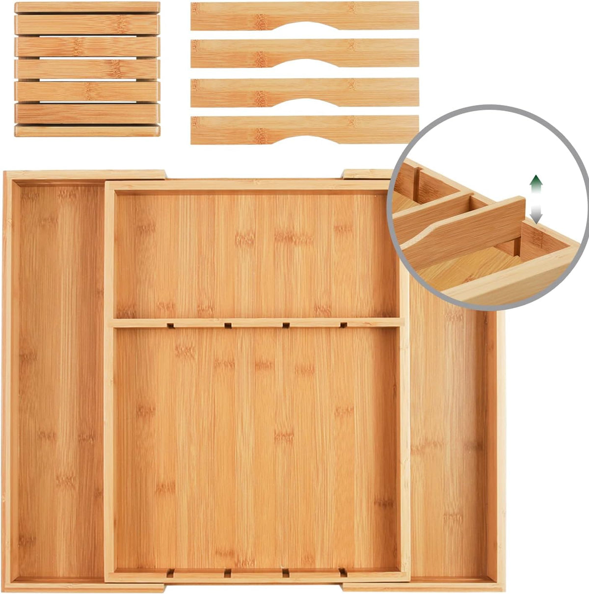 Wencrfat Silverware Drawer Organizer with Removable Knife Block and Dividers, Expandable Bamboo Kitchen Drawer Organizer, Flatware Utensil Cutlery Organizer for Drawer 8 Compartments