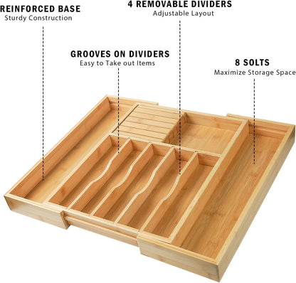 Wencrfat Silverware Drawer Organizer with Removable Knife Block and Dividers, Expandable Bamboo Kitchen Drawer Organizer, Flatware Utensil Cutlery Organizer for Drawer 8 Compartments