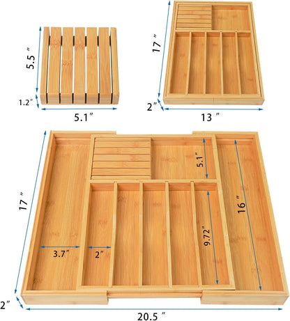 Wencrfat Silverware Drawer Organizer with Removable Knife Block and Dividers, Expandable Bamboo Kitchen Drawer Organizer, Flatware Utensil Cutlery Organizer for Drawer 8 Compartments