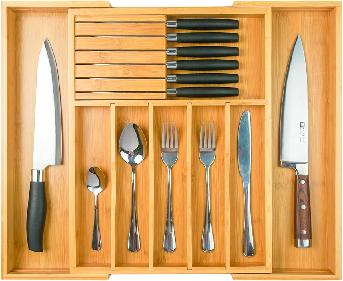 Wencrfat Silverware Drawer Organizer with Removable Knife Block and Dividers, Expandable Bamboo Kitchen Drawer Organizer, Flatware Utensil Cutlery Organizer for Drawer 8 Compartments