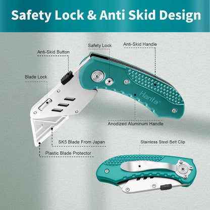 Box Cutter Retractable, Folding Utility Knife with Aluminum Handle, Heavy Duty Knife, Back-lock Mechanism, Stainless Belt Clip, for Carpet, Carton, Box, Cardboard, with 5-piece Extra Blades (Pink)