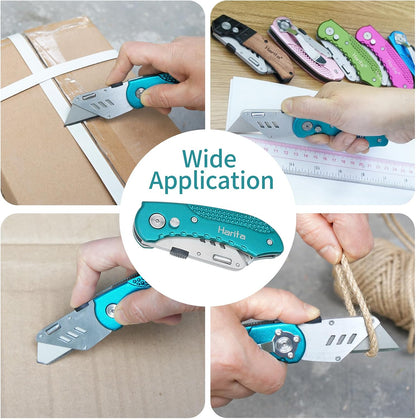 Box Cutter Retractable, Folding Utility Knife with Aluminum Handle, Heavy Duty Knife, Back-lock Mechanism, Stainless Belt Clip, for Carpet, Carton, Box, Cardboard, with 5-piece Extra Blades (Pink)