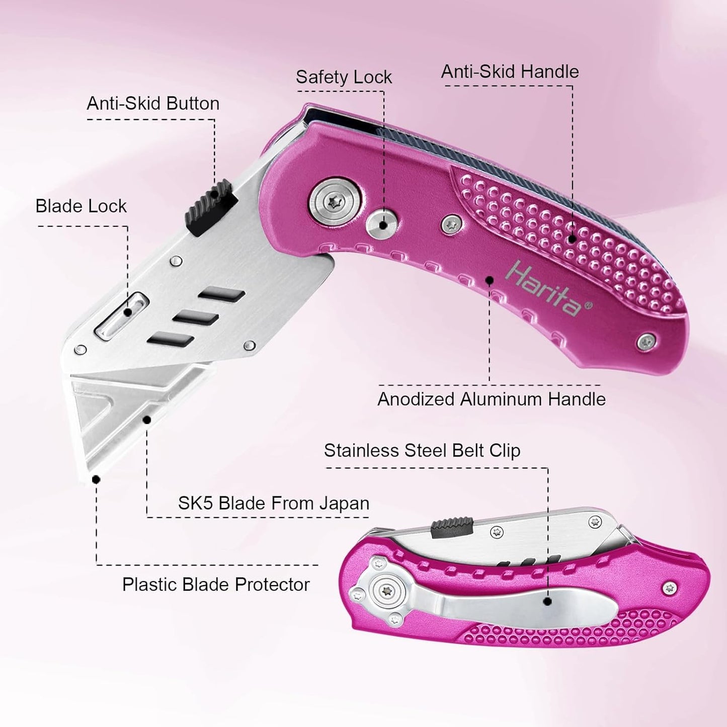 Box Cutter Retractable, Folding Utility Knife with Aluminum Handle, Heavy Duty Knife, Back-lock Mechanism, Stainless Belt Clip, for Carpet, Carton, Box, Cardboard, with 5-piece Extra Blades (Pink)