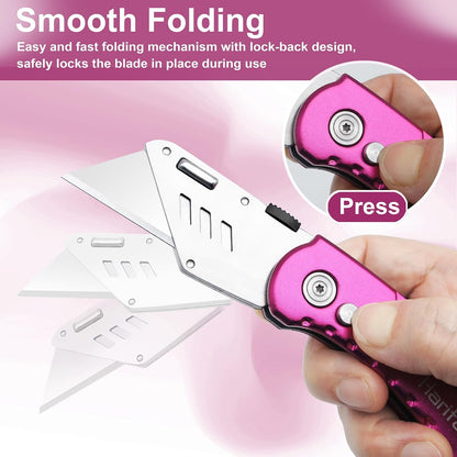 Box Cutter Retractable, Folding Utility Knife with Aluminum Handle, Heavy Duty Knife, Back-lock Mechanism, Stainless Belt Clip, for Carpet, Carton, Box, Cardboard, with 5-piece Extra Blades (Pink)