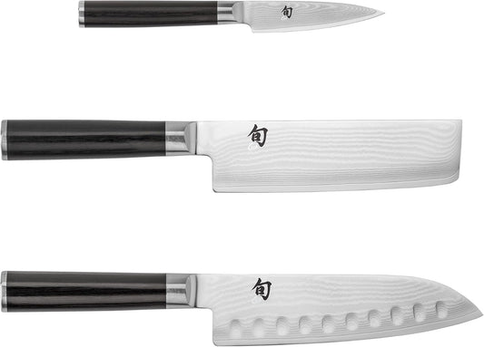 Classic 3 Piece Japan Starter Set, Includes 7" Hollow Ground Santoku, 3.5" Paring & 6.5" Nakiri Knives, Handcrafted Japanese Knife Set, Damascus Stainless Steel Cladding, Pakkawood Handles