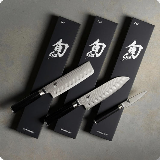 Classic 3 Piece Japan Starter Set, Includes 7" Hollow Ground Santoku, 3.5" Paring & 6.5" Nakiri Knives, Handcrafted Japanese Knife Set, Damascus Stainless Steel Cladding, Pakkawood Handles