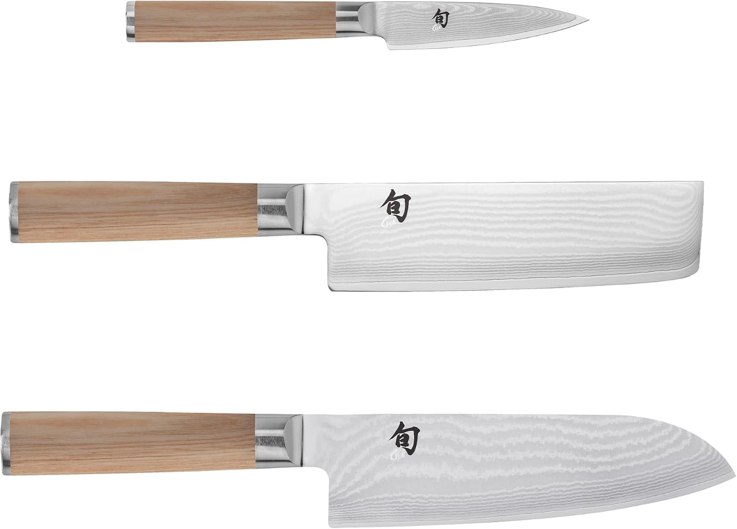 Classic 3 Piece Japan Starter Set, Includes 7" Hollow Ground Santoku, 3.5" Paring & 6.5" Nakiri Knives, Handcrafted Japanese Knife Set, Damascus Stainless Steel Cladding, Pakkawood Handles