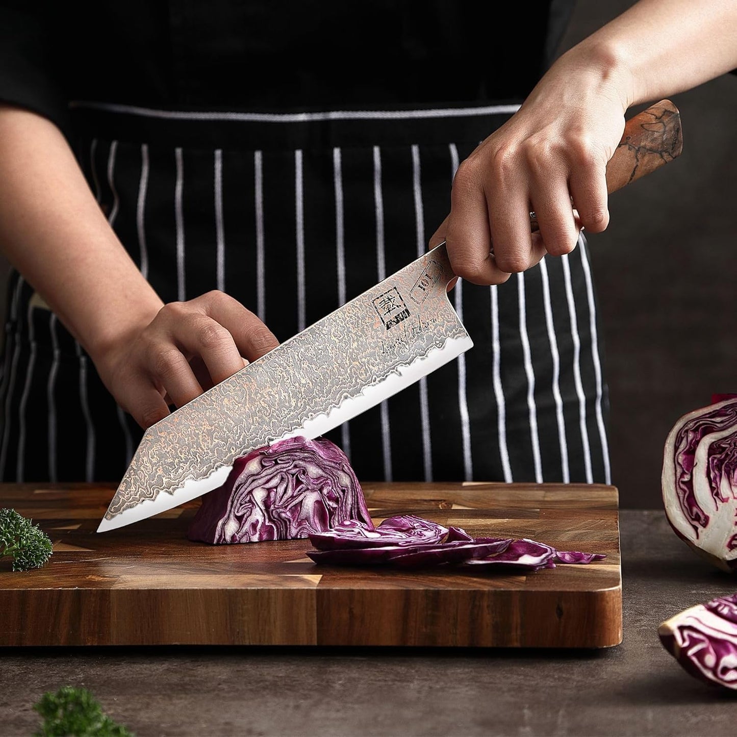 Limited Edition Copper Damascus Chef’s Knife – 8.3" Kiritsuke Blade | Damascus Steel with VG10 Core & Copper Texture | Maple Wood Handle | Professional Kitchen Knife in Gift Box