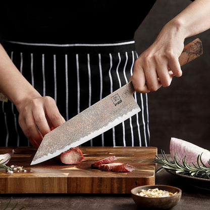 Limited Edition Copper Damascus Chef’s Knife – 8.3" Kiritsuke Blade | Damascus Steel with VG10 Core & Copper Texture | Maple Wood Handle | Professional Kitchen Knife in Gift Box