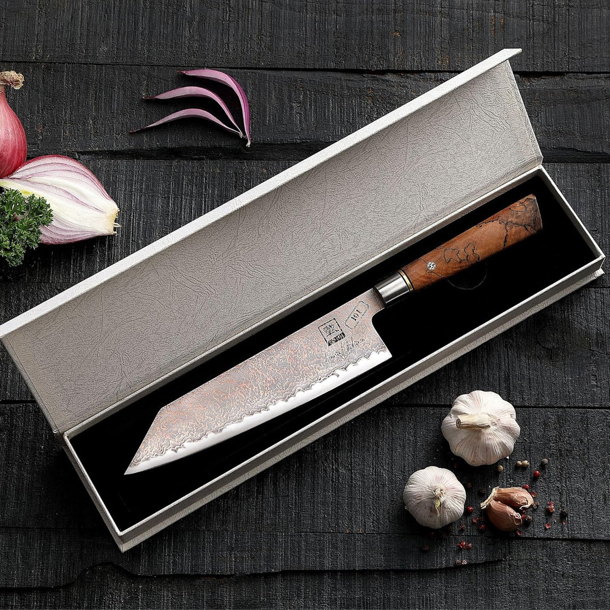 Limited Edition Copper Damascus Chef’s Knife – 8.3" Kiritsuke Blade | Damascus Steel with VG10 Core & Copper Texture | Maple Wood Handle | Professional Kitchen Knife in Gift Box