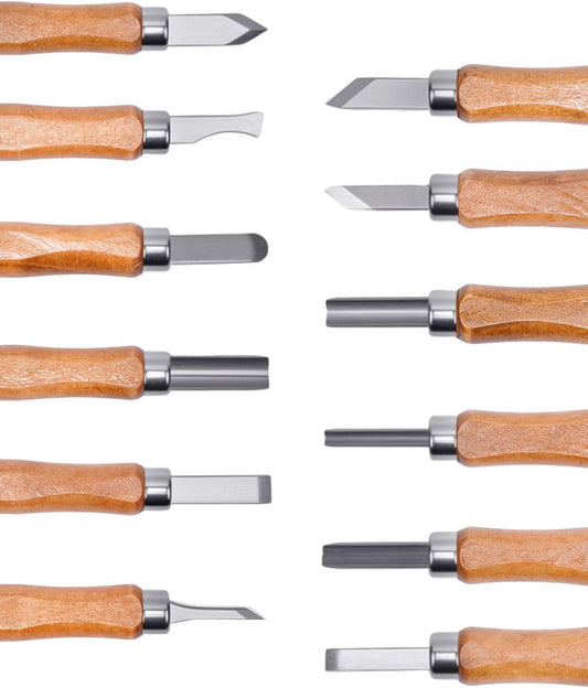 12 Pack Linocut Wood Carving Tools Set Linoleum Hand Wood Carving Kit Whittling Knives V-Chisel Angled Gouge Half Round Woodcarving Tools Set Whittling Kit for Linocut Printmaking Supplies Gift