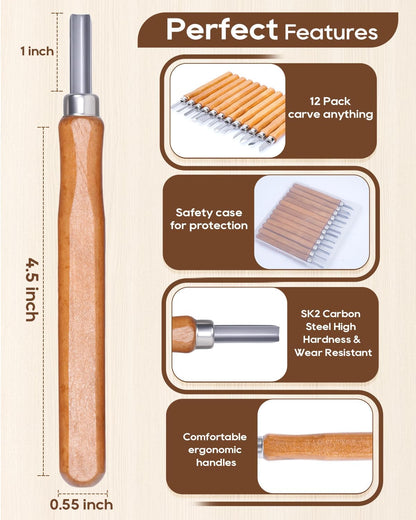 12 Pack Linocut Wood Carving Tools Set Linoleum Hand Wood Carving Kit Whittling Knives V-Chisel Angled Gouge Half Round Woodcarving Tools Set Whittling Kit for Linocut Printmaking Supplies Gift