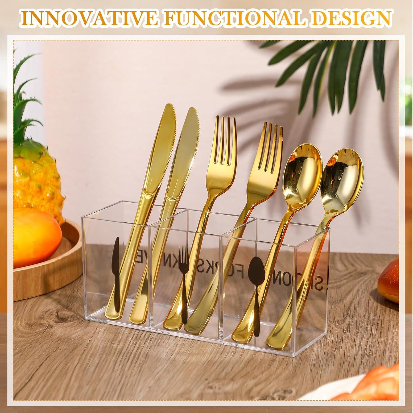 Acrylic Cutlery Storage Organizer Plastic Utensil Holder Clear Silverware Organizer 3 Section Tableware Storage Box Countertop Fork Spoon Knife Holder Party Flatware Caddy for Kitchen Storage
