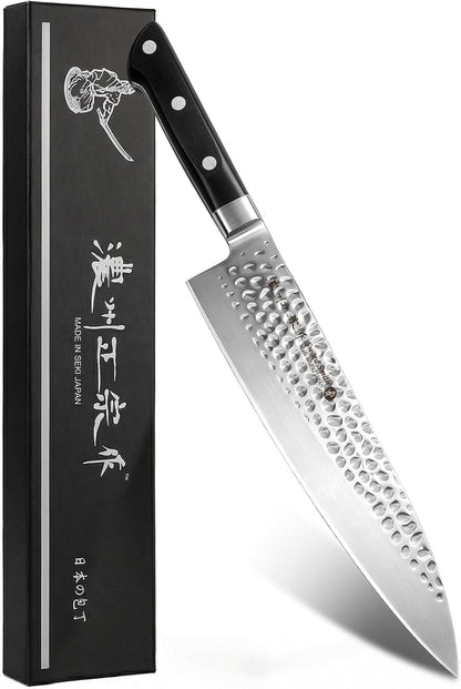 8 Inch Japanese Chef Knife, Made in Japan, Full Tang High Carbon Molybdenum Stainless Steel Gyuto Knife with Hammered Finish for Rock Chopping Meat, Fish and Vegetables